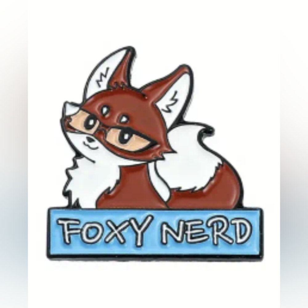 Brand New zinc alloy enamel pin FOXY NERD printed under a fox wearing glasses